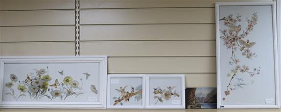 Four early 20th century paintings on opaque glass, studies of birds and flowers, largest 24 x 12.5in., together